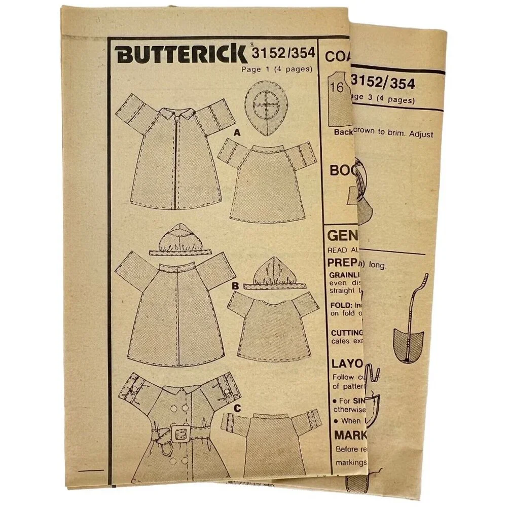 Butterick 3152 Cabbage Patch Kids Clothes Pattern Rain Jacket Hat Coat Boot Gear
